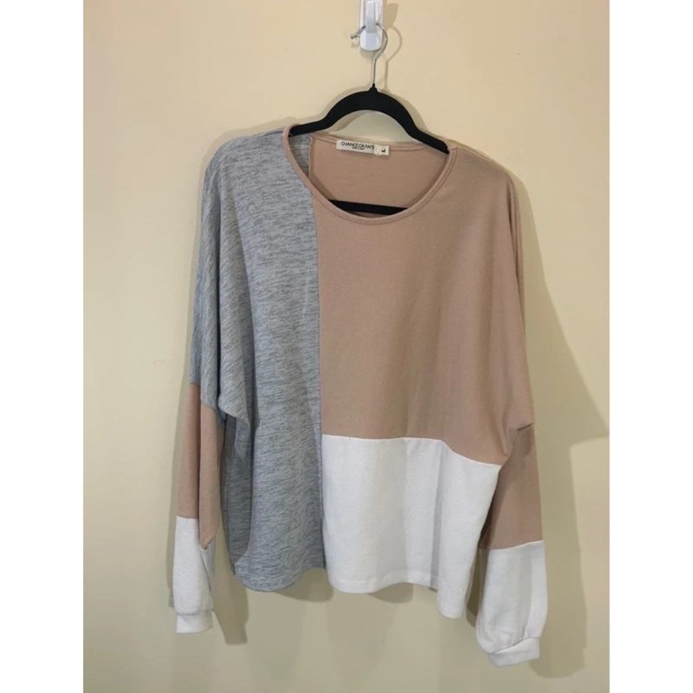 Chance Or Fate Colorblock Pullover Top Large Tan Grey White
